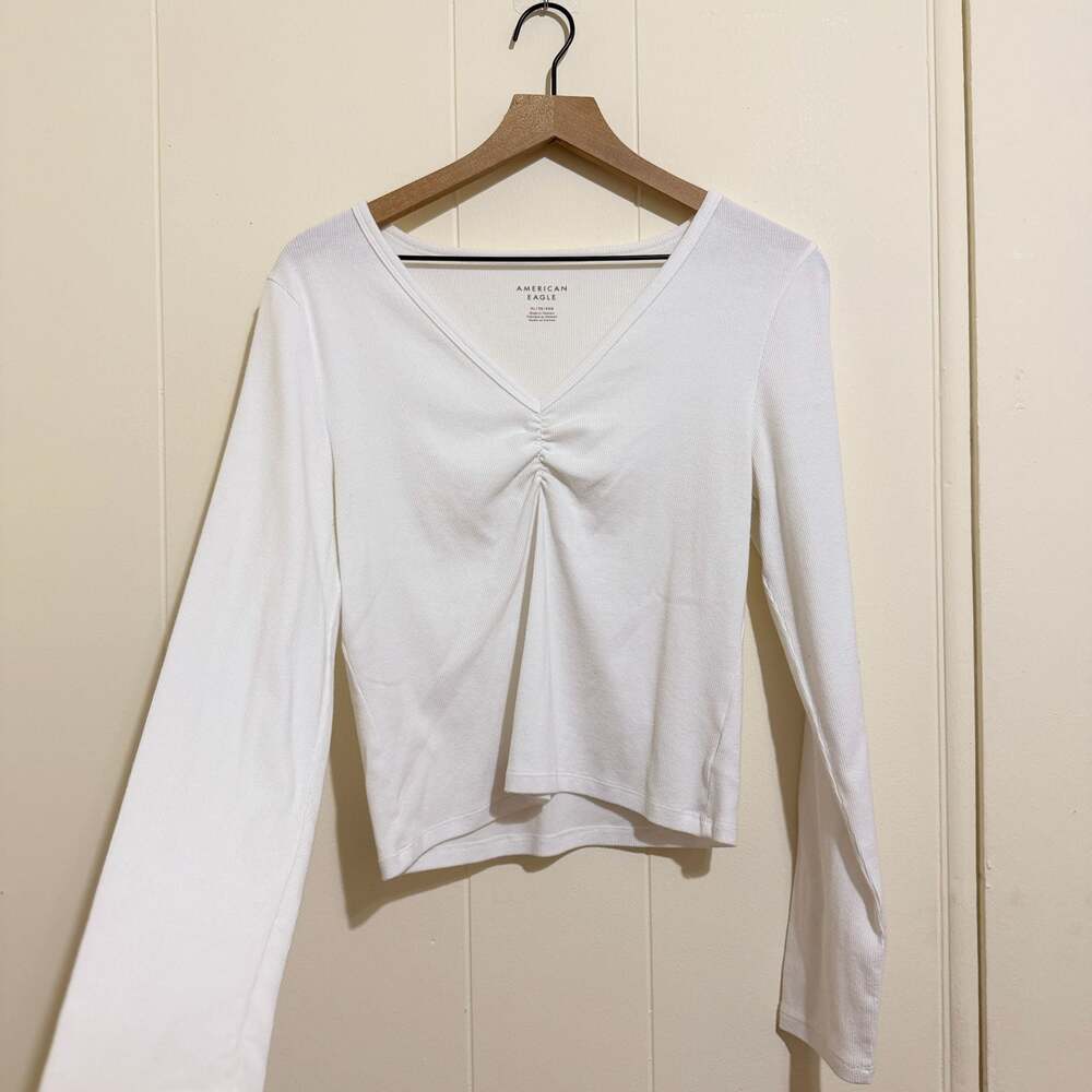 American Eagle Ribbed V-Neck Ruched Long Sleeve Crop Top XL